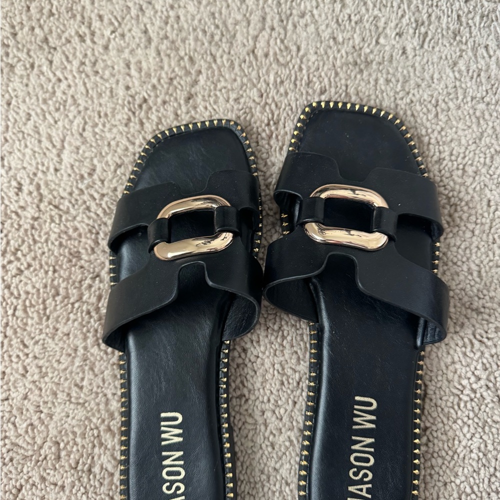 Jason Wu Black Slide Sandals with Gold Buckle
